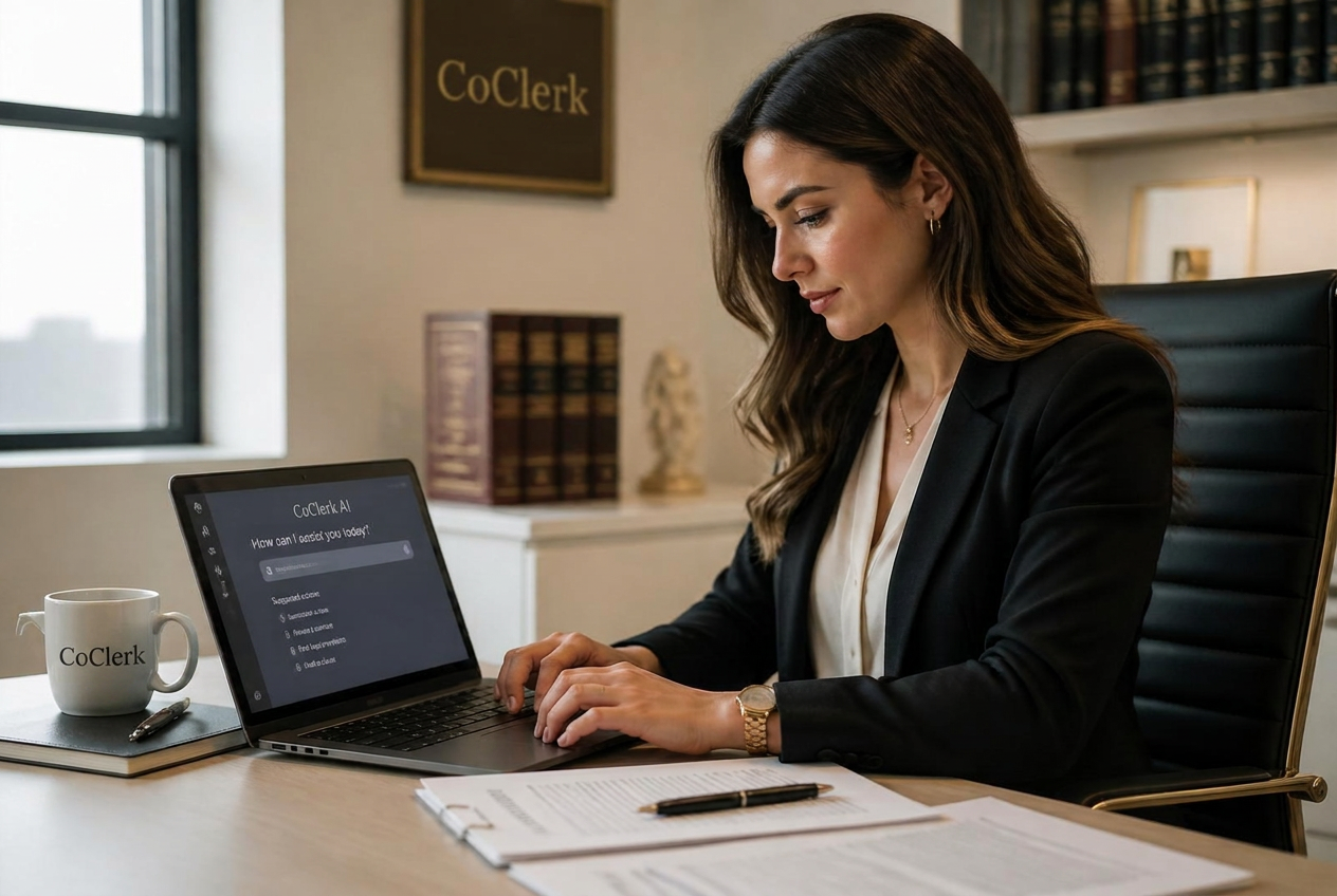A law firm clerk working with CoClerk AI on her laptop